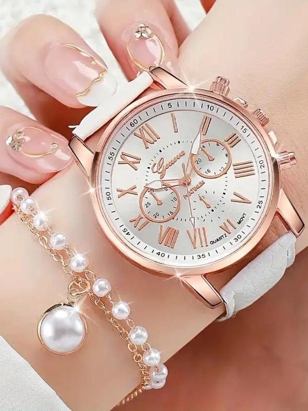 Women's Elegant Fashion Watch & Jewelry Set, Including Round Dial Watch & Bracelet & Necklace & Earrings, Trendy All-match & Exquisite Watch Set for Birthday Gift without Box