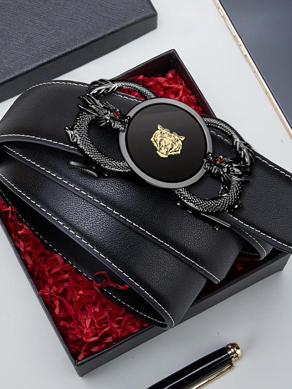 Men's Dragon & Tiger Design Leather Automatic Buckle Belt, Fashion Belt for Party, Daily Clothing Decor, Trendy All-match & Exquisite Belt for Birthday Gift