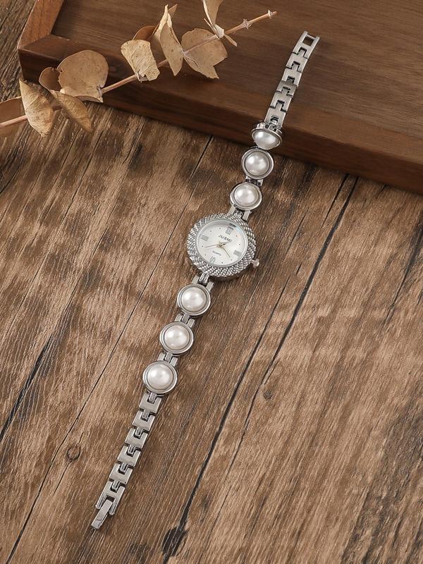 Faux Pearl Decorated Round Dial Quartz Watch, Fashionable Wristwatch for Women & Girls, Trendy All-match & Exquisite Watch for Birthday Gift