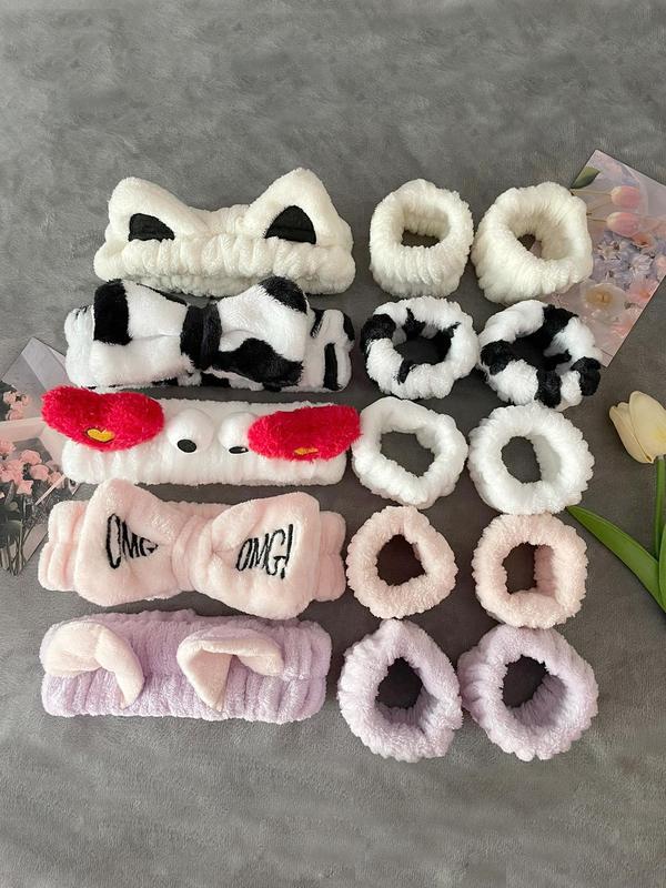 Cute Cartoon Ear Design Plush Hair Band & Wristband Set, Face Wash Hair Band & Wristband, Fashion Hair Accessories for Women & Girls for Daily Life