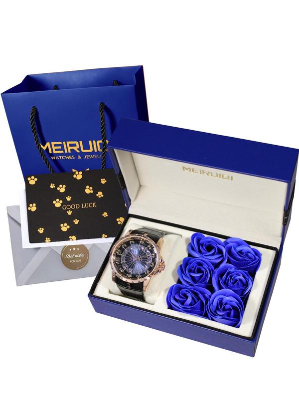 Men's Business Fashion Round Dial Analog Quartz Watch, with Rose Gift Box, Fashion Watch for Party, Daily Decor, Trendy Exquisite Watch for Birthday Gift