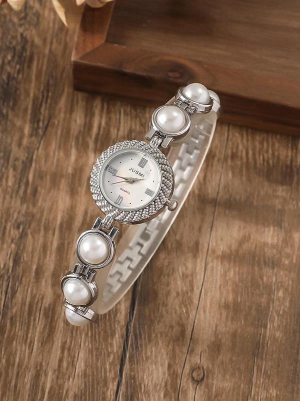 Faux Pearl Decorated Round Dial Quartz Watch, Fashionable Wristwatch for Women & Girls, Trendy All-match & Exquisite Watch for Birthday Gift