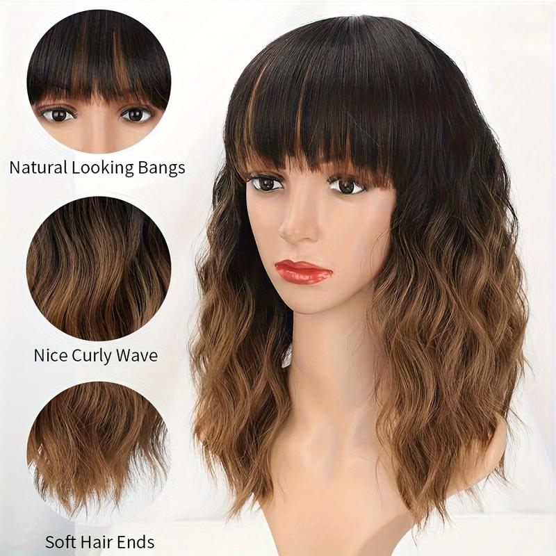 CHAOEE Ombre Brown Short Wavy Bob Wigs with Bangs for Women Ombre Brown Wavy Wig Natural Looking Resistant Fiber Synthetic Hair Wig for Daily Short Curly Bob Wig with Bangs