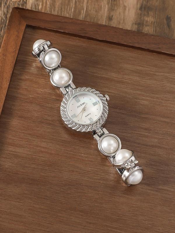 Faux Pearl Decorated Round Dial Quartz Watch, Fashionable Wristwatch for Women & Girls, Trendy All-match & Exquisite Watch for Birthday Gift