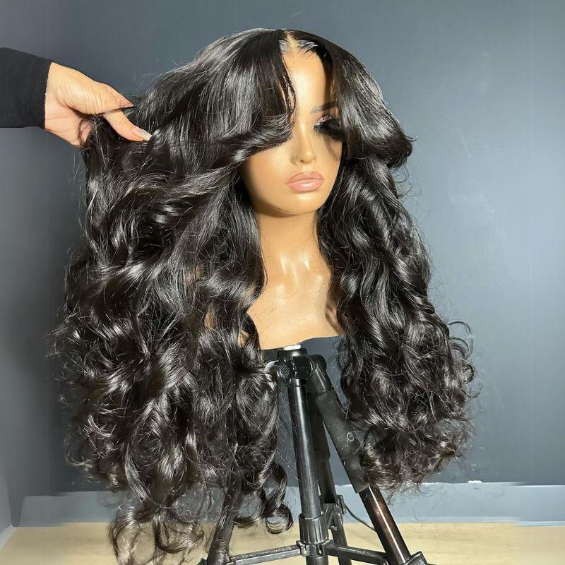 Geeta Hair-Affordable Glueless Loose Body Wave Wig 4x6 13x4 Lace Front 180% Density Wigs with Curtain Bangs Ocean Wave Wigs Pre Plucked Pre Cut Hair