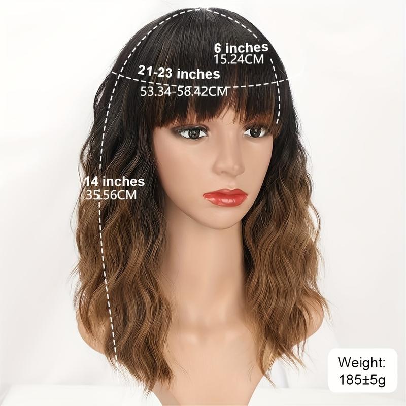 CHAOEE Ombre Brown Short Wavy Bob Wigs with Bangs for Women Ombre Brown Wavy Wig Natural Looking Resistant Fiber Synthetic Hair Wig for Daily Short Curly Bob Wig with Bangs