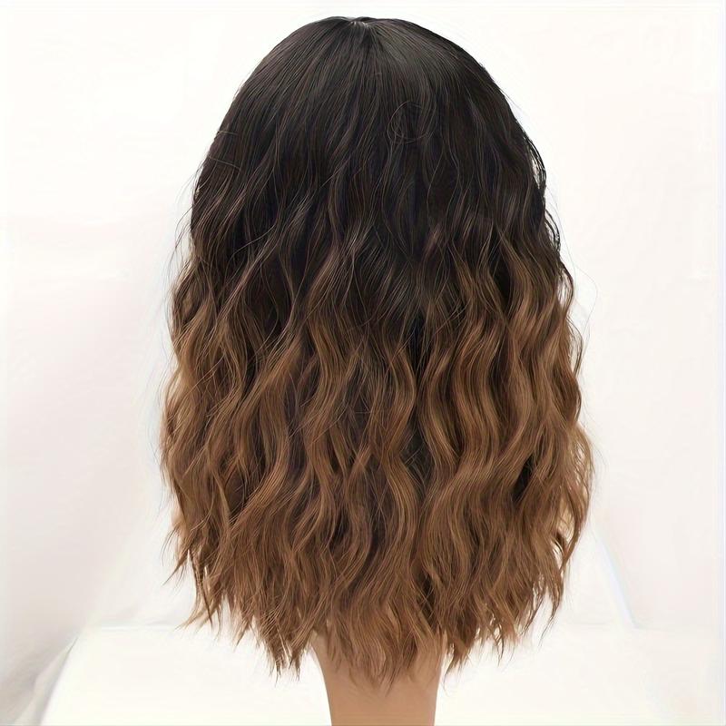 CHAOEE Ombre Brown Short Wavy Bob Wigs with Bangs for Women Ombre Brown Wavy Wig Natural Looking Resistant Fiber Synthetic Hair Wig for Daily Short Curly Bob Wig with Bangs