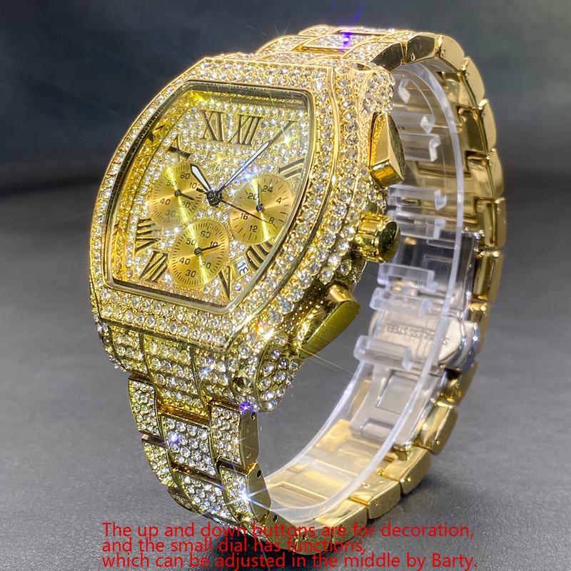 Miss Fox Luxury Hip Hop Men's Watch-Full Rhinestone, Silver Quartz Movement, Sports Multi-Function with Luminous Dial, Barrel-Shaped Case