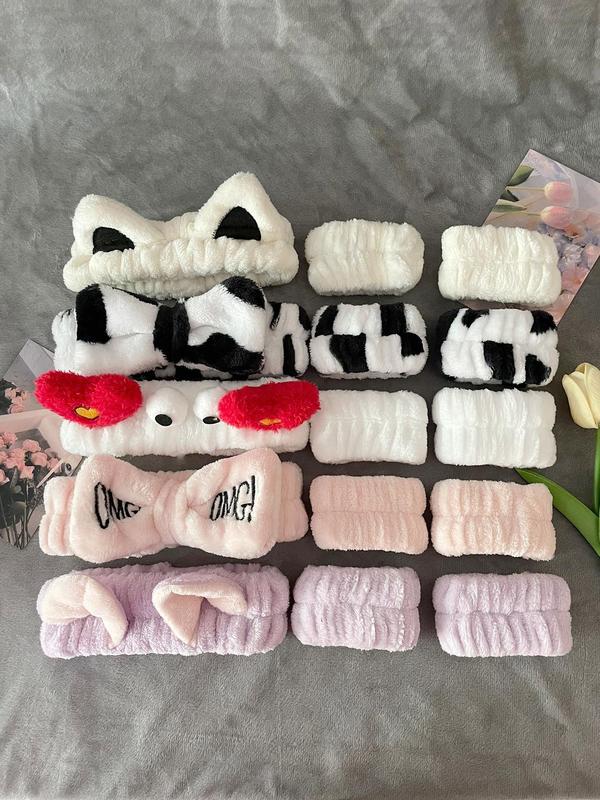 Cute Cartoon Ear Design Plush Hair Band & Wristband Set, Face Wash Hair Band & Wristband, Fashion Hair Accessories for Women & Girls for Daily Life