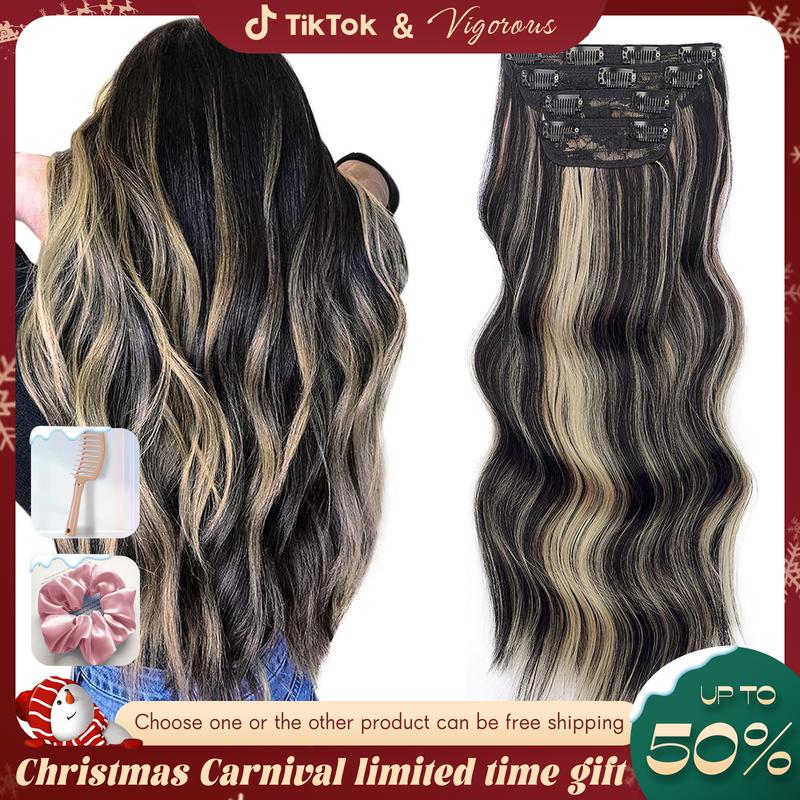 Vigorous Clip in Hair Extensions Long Wavy Synthetic Hairpieces,Natural & Soft Hair & Blends Well Hair Extensions,Easy to Wear for Women Girls Daily Use Event Party Use, Etc.Best Everyday Fashion Dress-up Accessories