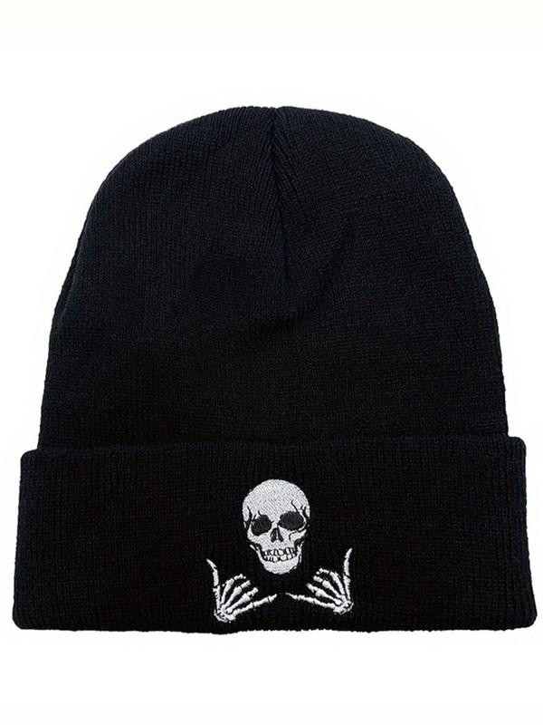 Skull & Letter Embroidered Knit Hat, Casual Winter Outdoor Beanie Hat, Daily Use Hat for Men & Women