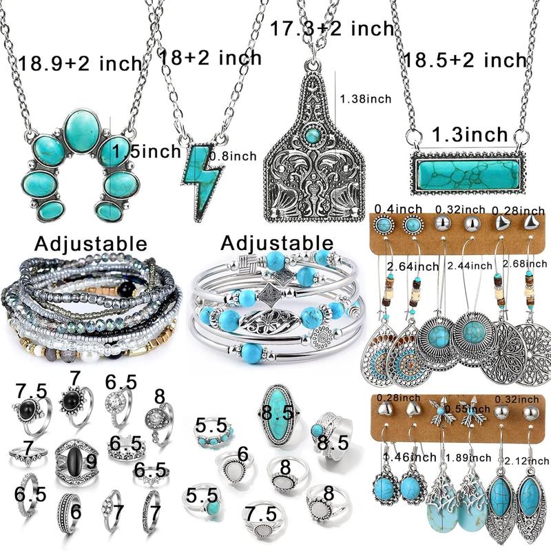 47pcs Set includes 4pcs necklaces, 12 pairs of drop earrings, 11pcs stackable bracelets, 20pcs knuckle rings for women anniversary birthday friendship gifts