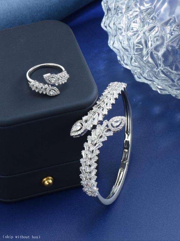 Women's Elegant Artificial Zircon Decorated Cuff Bangle Bracelet & Ring, Exquisite Trendy Jewelry Set, Fashionable Jewelry Set for Party Decoration