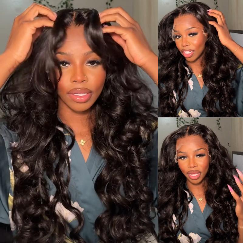 Geeta Hair-Affordable Glueless Loose Body Wave Wig 4x6 13x4 Lace Front 180% Density Wigs with Curtain Bangs Ocean Wave Wigs Pre Plucked Pre Cut Hair