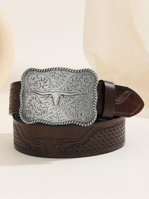 Vintage Cow Head Decor Western Belt, Boho Style Statue Embossed Belt for Women & Men, Fashion Accessories for Daily Wear