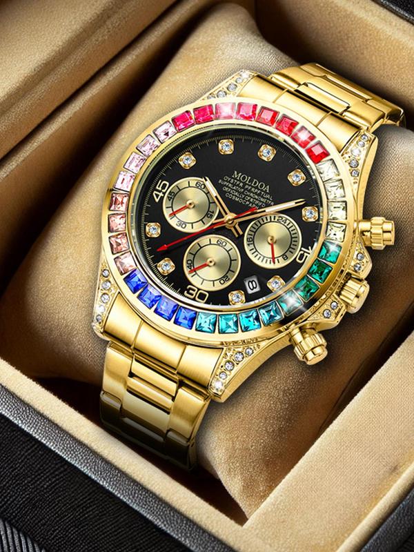 Men's Business Fashion Rhinestone Decorated Analog Quartz Watch, Fashion Watch for Party, Daily Clothing Decor, Trendy All-match & Exquisite Watch for Birthday Gift with Box