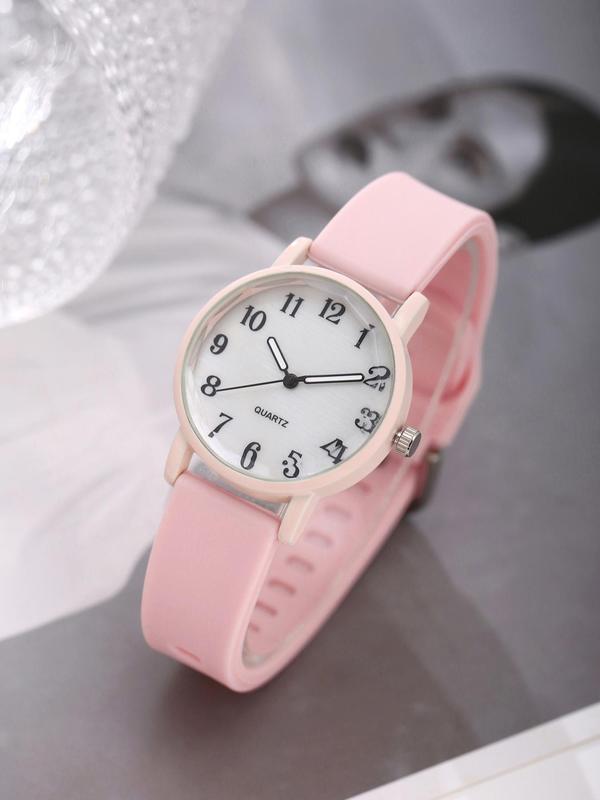 Women's Fashionable Casual Round Dial Silicone Strap Quartz Watch, 4pcs Simple Style Plain Color Wristwatch for Women & Girls, Trendy Watch for Daily Use with Box