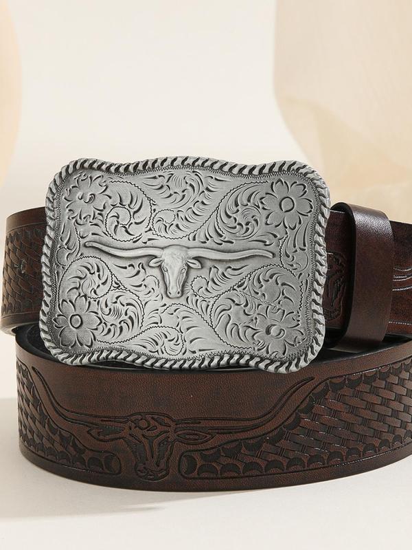 Vintage Cow Head Decor Western Belt, Boho Style Statue Embossed Belt for Women & Men, Fashion Accessories for Daily Wear