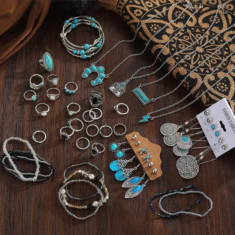 47pcs Set includes 4pcs necklaces, 12 pairs of drop earrings, 11pcs stackable bracelets, 20pcs knuckle rings for women anniversary birthday friendship gifts