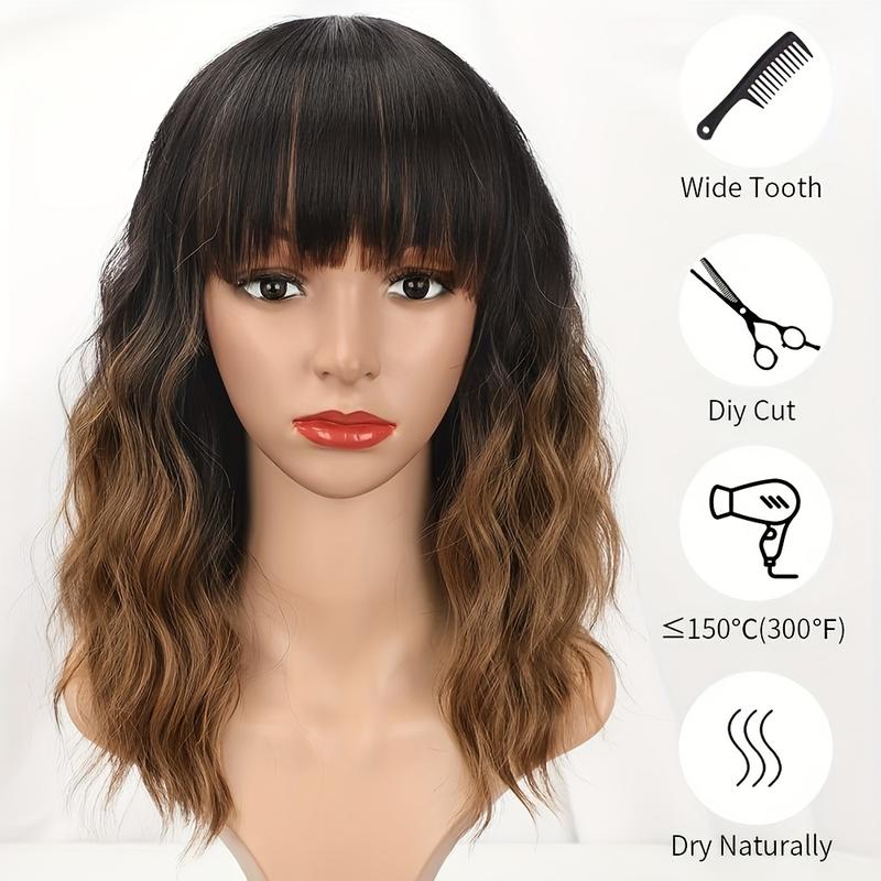 CHAOEE Ombre Brown Short Wavy Bob Wigs with Bangs for Women Ombre Brown Wavy Wig Natural Looking Resistant Fiber Synthetic Hair Wig for Daily Short Curly Bob Wig with Bangs