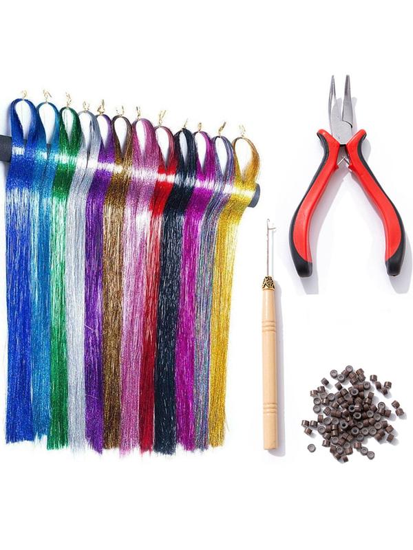 Tinsel Hair Extension Color Wigs with Tool, 12pcs set 2400 Strands 12 Colors Sparkly Tensil Hair Colorful Fairy Hair Tinsel Strands for Cosplay Party, Summer 2024 Fashion Back To School Accessories