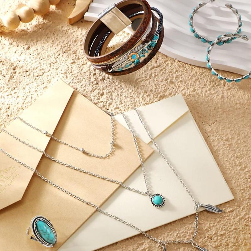 6PCS Bohemian Western Jewelry Turquoise Set, Women Bohemian Pendant Long Choker Layered Bracelets Turquoise Earrings Ring, Great For Birthday Gifts, Party, Christmas Gifts, Thanksgiving, Wedding