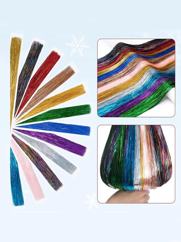 Tinsel Hair Extension Color Wigs with Tool, 12pcs set 2400 Strands 12 Colors Sparkly Tensil Hair Colorful Fairy Hair Tinsel Strands for Cosplay Party, Summer 2024 Fashion Back To School Accessories