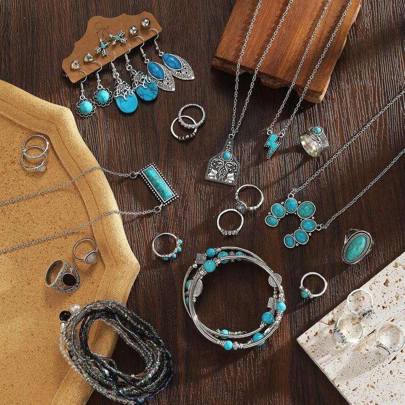 47pcs Set includes 4pcs necklaces, 12 pairs of drop earrings, 11pcs stackable bracelets, 20pcs knuckle rings for women anniversary birthday friendship gifts