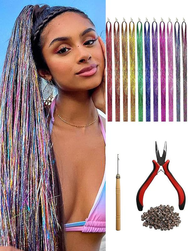 Tinsel Hair Extension Color Wigs with Tool, 12pcs set 2400 Strands 12 Colors Sparkly Tensil Hair Colorful Fairy Hair Tinsel Strands for Cosplay Party, Summer 2024 Fashion Back To School Accessories