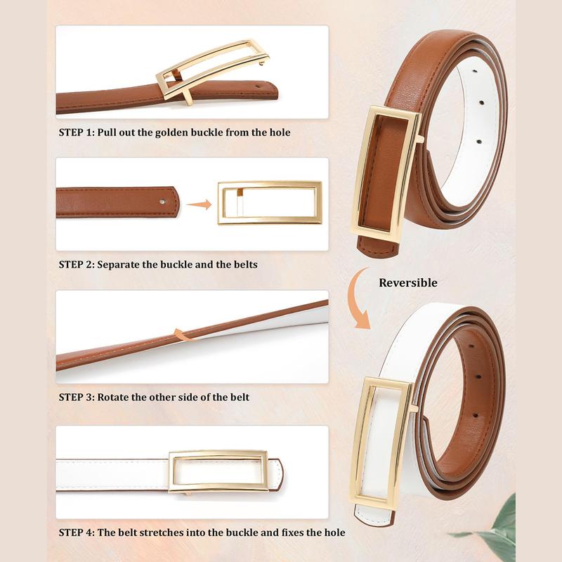 AWAYTR Women Reversible Leather Belt Two-in-One Ladies Fashion Skinny Belts for Jeans Dress with Golden Buckle