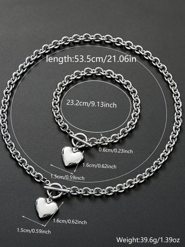 Men's Simple Plain Heart Charm Jewelry Set, Casual Versatile Stainless Steel Link Bracelet & Pendant Necklace, Holiday Gift for Men, Streetwear OT Buckle Design Matching Jewelry Accessory