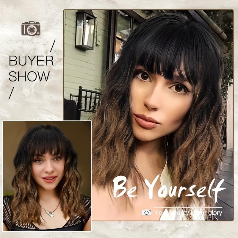 CHAOEE Ombre Brown Short Wavy Bob Wigs with Bangs for Women Ombre Brown Wavy Wig Natural Looking Resistant Fiber Synthetic Hair Wig for Daily Short Curly Bob Wig with Bangs