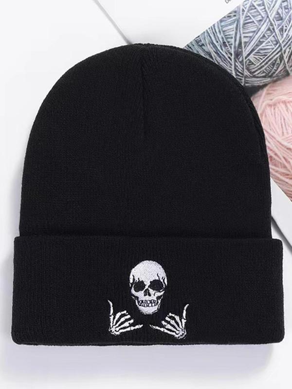 Skull & Letter Embroidered Knit Hat, Casual Winter Outdoor Beanie Hat, Daily Use Hat for Men & Women