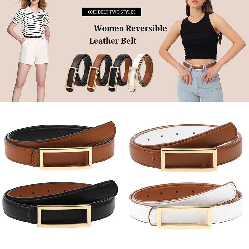 Women Fashion Reversible PU Leather Belt Two-in-One Female Versatile Skinny Adjustable Belt for Jeans Dress with Golden Buckle  (Length 100 115 130cm)