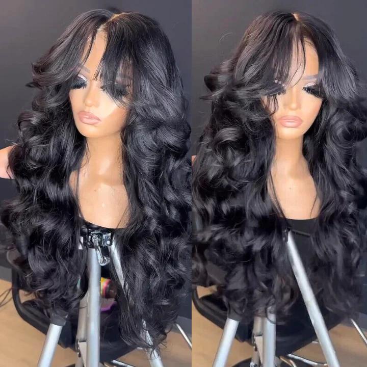 Geeta Hair-Affordable Glueless Loose Body Wave Wig 4x6 13x4 Lace Front 180% Density Wigs with Curtain Bangs Ocean Wave Wigs Pre Plucked Pre Cut Hair