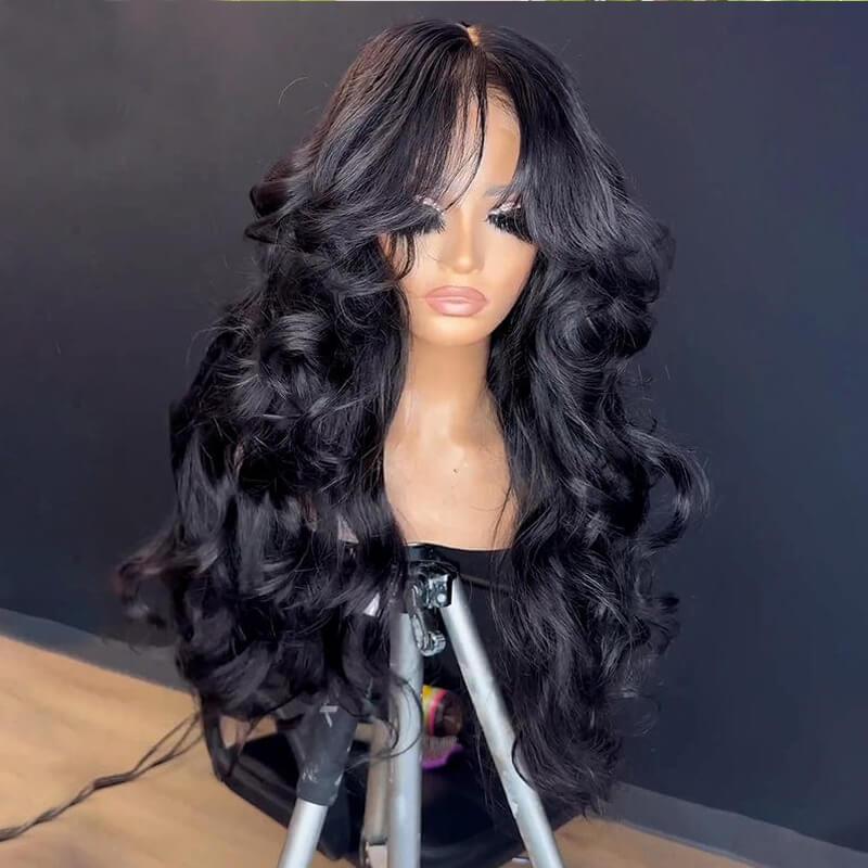 Geeta Hair-Affordable Glueless Loose Body Wave Wig 4x6 13x4 Lace Front 180% Density Wigs with Curtain Bangs Ocean Wave Wigs Pre Plucked Pre Cut Hair