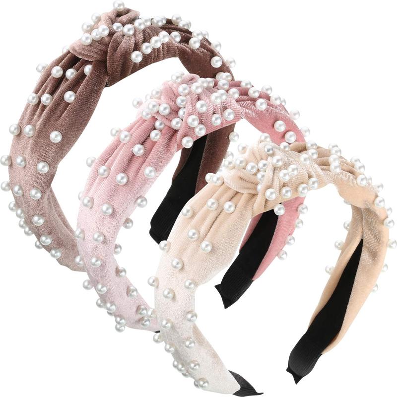 3 Pieces Pearls Headband Knotted Headband for Women Velvet Pearls Headband for Woman Hair Accessories (Beige, Pink, Black)