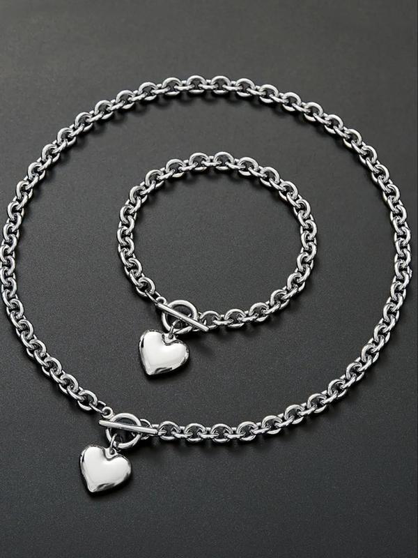 Men's Simple Plain Heart Charm Jewelry Set, Casual Versatile Stainless Steel Link Bracelet & Pendant Necklace, Holiday Gift for Men, Streetwear OT Buckle Design Matching Jewelry Accessory