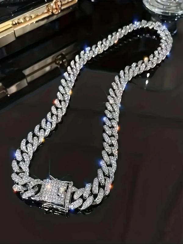 Sparkly Luxury Rhinestone Decor Chain Necklace, Hip Hop Punk Style Cuban Chain Necklace, Streetwear Matching Jewelry for Parties & Gifts, Back To School