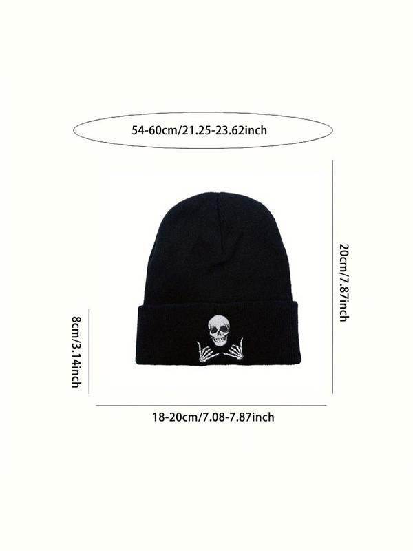 Skull & Letter Embroidered Knit Hat, Casual Winter Outdoor Beanie Hat, Daily Use Hat for Men & Women