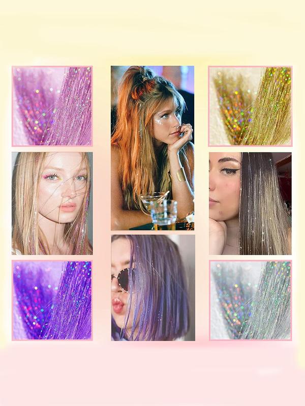 Tinsel Hair Extension Color Wigs with Tool, 12pcs set 2400 Strands 12 Colors Sparkly Tensil Hair Colorful Fairy Hair Tinsel Strands for Cosplay Party, Summer 2024 Fashion Back To School Accessories