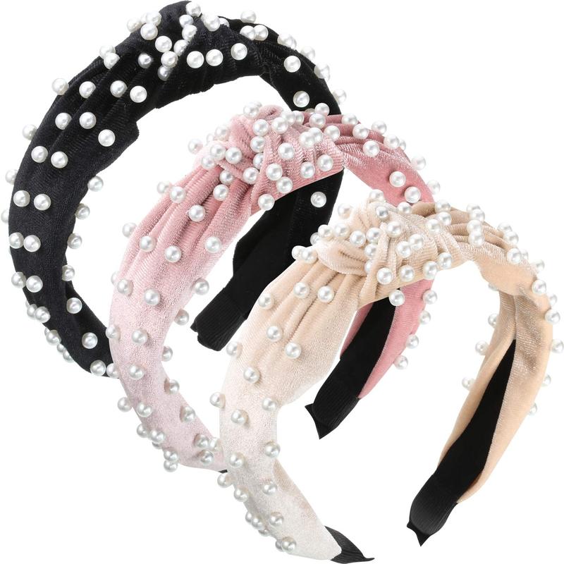 3 Pieces Pearls Headband Knotted Headband for Women Velvet Pearls Headband for Woman Hair Accessories (Beige, Pink, Black)