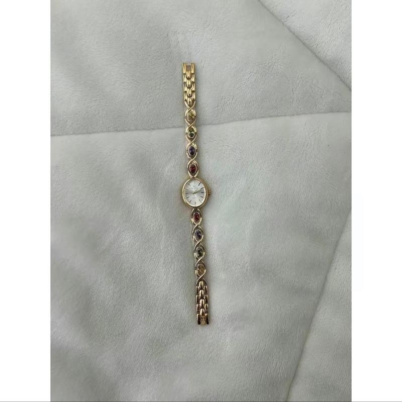 Vintage Women's Gold Gem Beaded Colorful Watch Stainless Steel