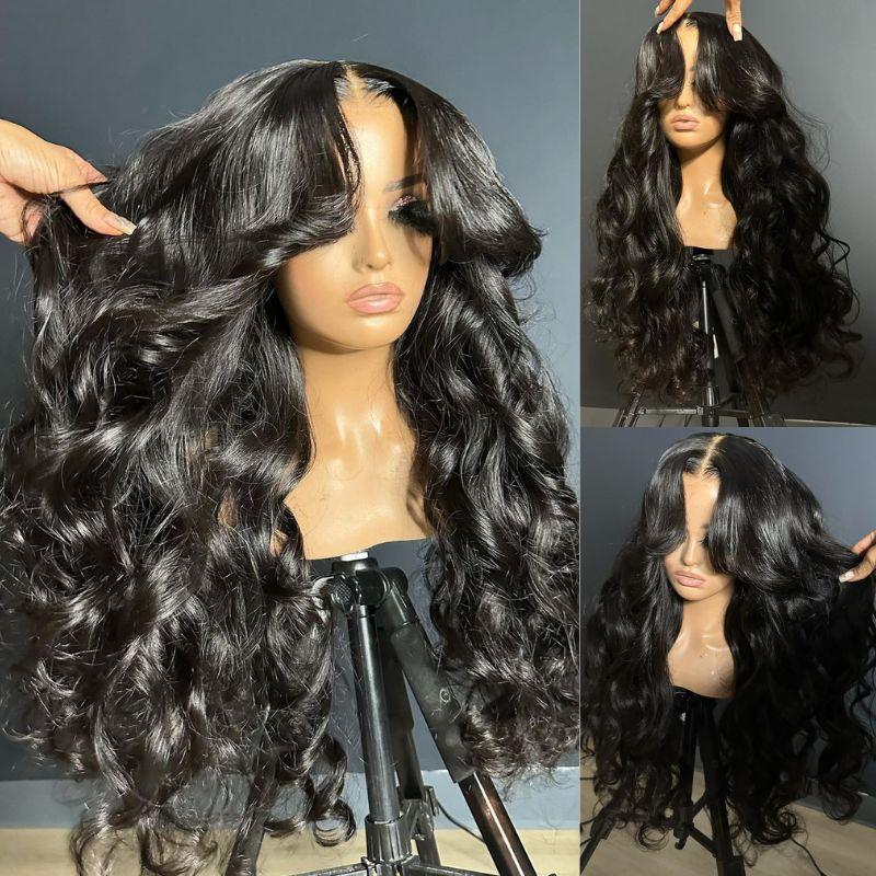 Geeta Hair-Affordable Glueless Loose Body Wave Wig 4x6 13x4 Lace Front 180% Density Wigs with Curtain Bangs Ocean Wave Wigs Pre Plucked Pre Cut Hair