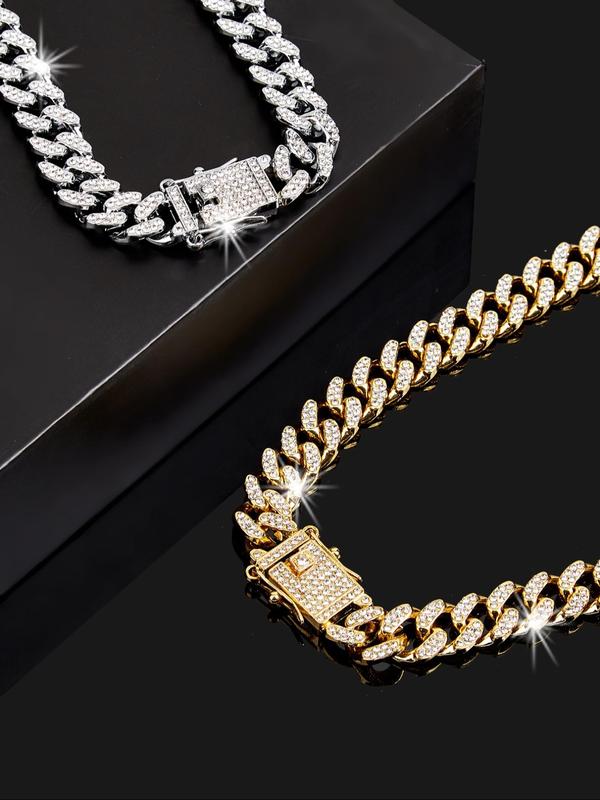 Sparkly Luxury Rhinestone Decor Chain Necklace, Hip Hop Punk Style Cuban Chain Necklace, Streetwear Matching Jewelry for Parties & Gifts, Back To School