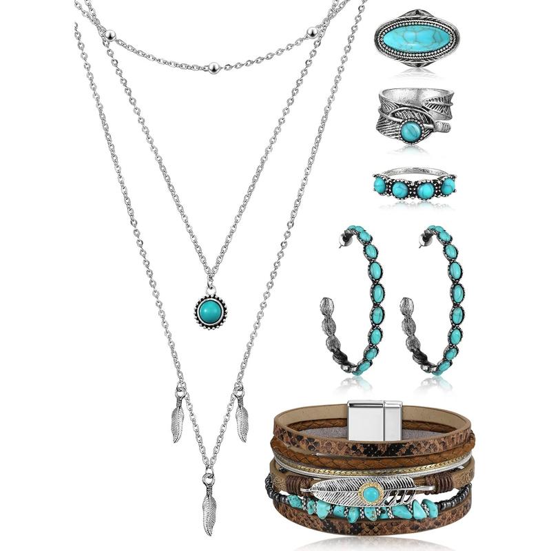 6PCS Bohemian Western Jewelry Turquoise Set, Women Bohemian Pendant Long Choker Layered Bracelets Turquoise Earrings Ring, Great For Birthday Gifts, Party, Christmas Gifts, Thanksgiving, Wedding