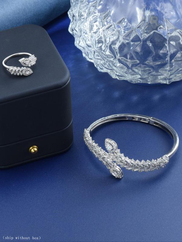 Women's Elegant Artificial Zircon Decorated Cuff Bangle Bracelet & Ring, Exquisite Trendy Jewelry Set, Fashionable Jewelry Set for Party Decoration