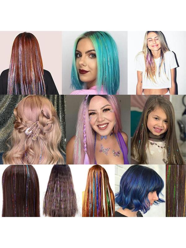 Tinsel Hair Extension Color Wigs with Tool, 12pcs set 2400 Strands 12 Colors Sparkly Tensil Hair Colorful Fairy Hair Tinsel Strands for Cosplay Party, Summer 2024 Fashion Back To School Accessories