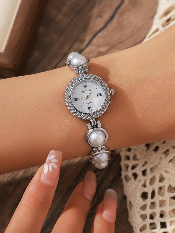 Faux Pearl Decorated Round Dial Quartz Watch, Fashionable Wristwatch for Women & Girls, Trendy All-match & Exquisite Watch for Birthday Gift