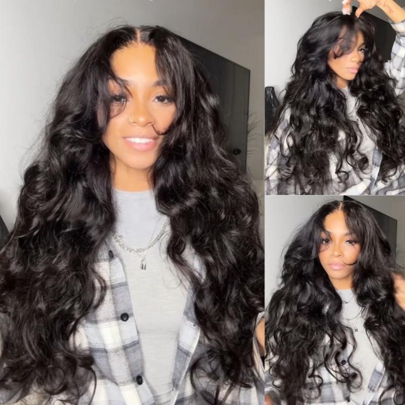 Geeta Hair-Affordable Glueless Loose Body Wave Wig 4x6 13x4 Lace Front 180% Density Wigs with Curtain Bangs Ocean Wave Wigs Pre Plucked Pre Cut Hair